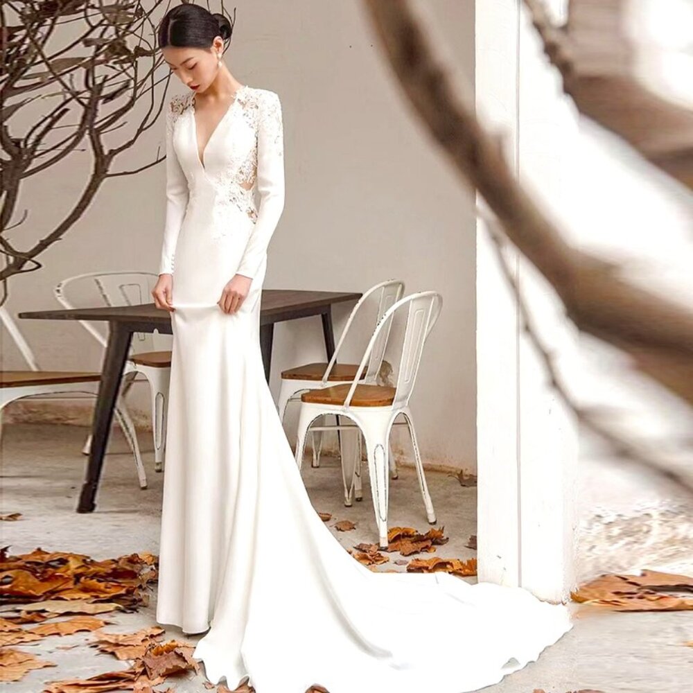 French Wedding Dress White Satin Long Sleeve Senior Sense
